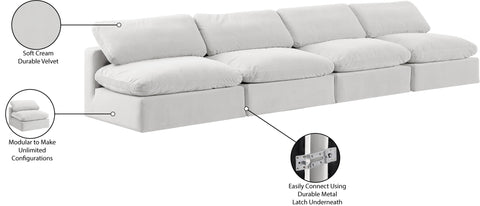 Farrah 156" Cream Velvet Upholstered Armless Sofa, 4-Piece