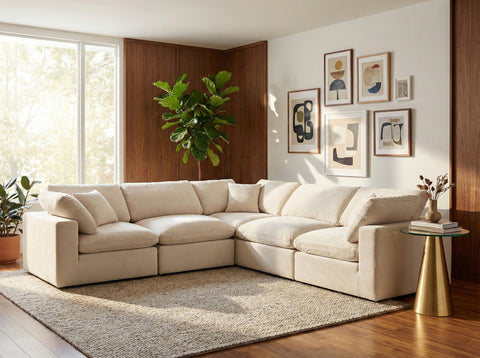 Farrah 119" Cream Velvet Upholstered Sectional, 5-Piece