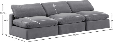 Farrah 117" Grey Velvet Upholstered Armless Sofa, 3-Piece