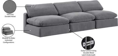 Farrah 117" Grey Velvet Upholstered Armless Sofa, 3-Piece