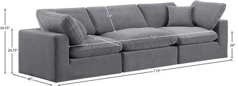 Farrah 119" Grey Velvet Upholstered Sofa, 3-Piece