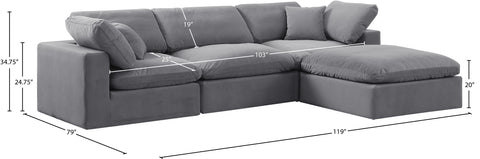 Farrah 119" Grey Velvet Upholstered Sectional, 4-Piece