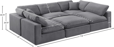 Farrah 119" Grey Velvet Upholstered Sectional, 6-Piece