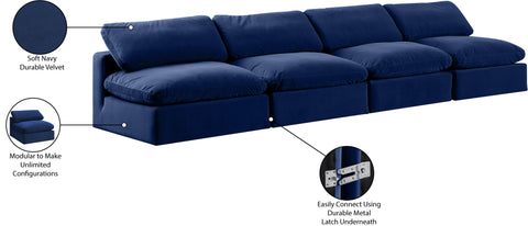 Farrah 156" Navy Velvet Upholstered Armless Sofa, 4-Piece