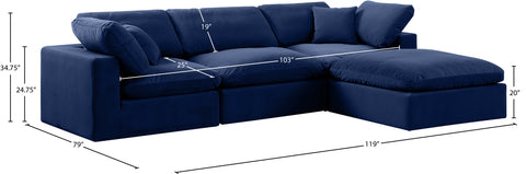Farrah 119" Navy Velvet Upholstered Sectional, 4-Piece