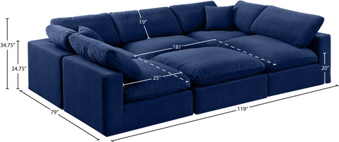 Farrah 119" Navy Velvet Upholstered Sectional, 6-Piece