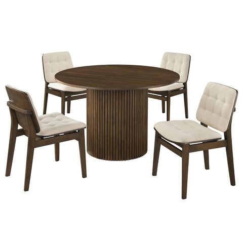 Dobrev 5-piece Round Wood Dining Set Cream and Walnut