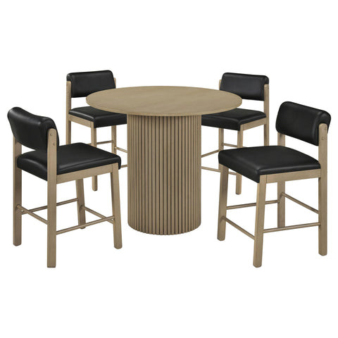 Dobrev 5-piece Round Wood Counter Height Dining Set Black and Natural Oak