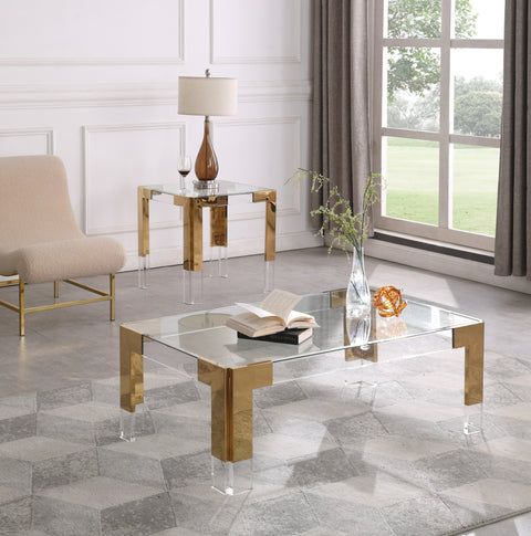 Blaire Gold Rectangular Glass Top, Acrylic And Metal Base Coffee Table, 1 Piece