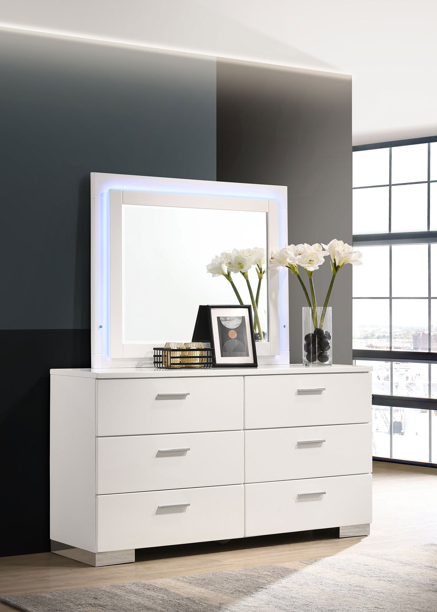 ruth 6-drawer dresser with led mirror white high gloss