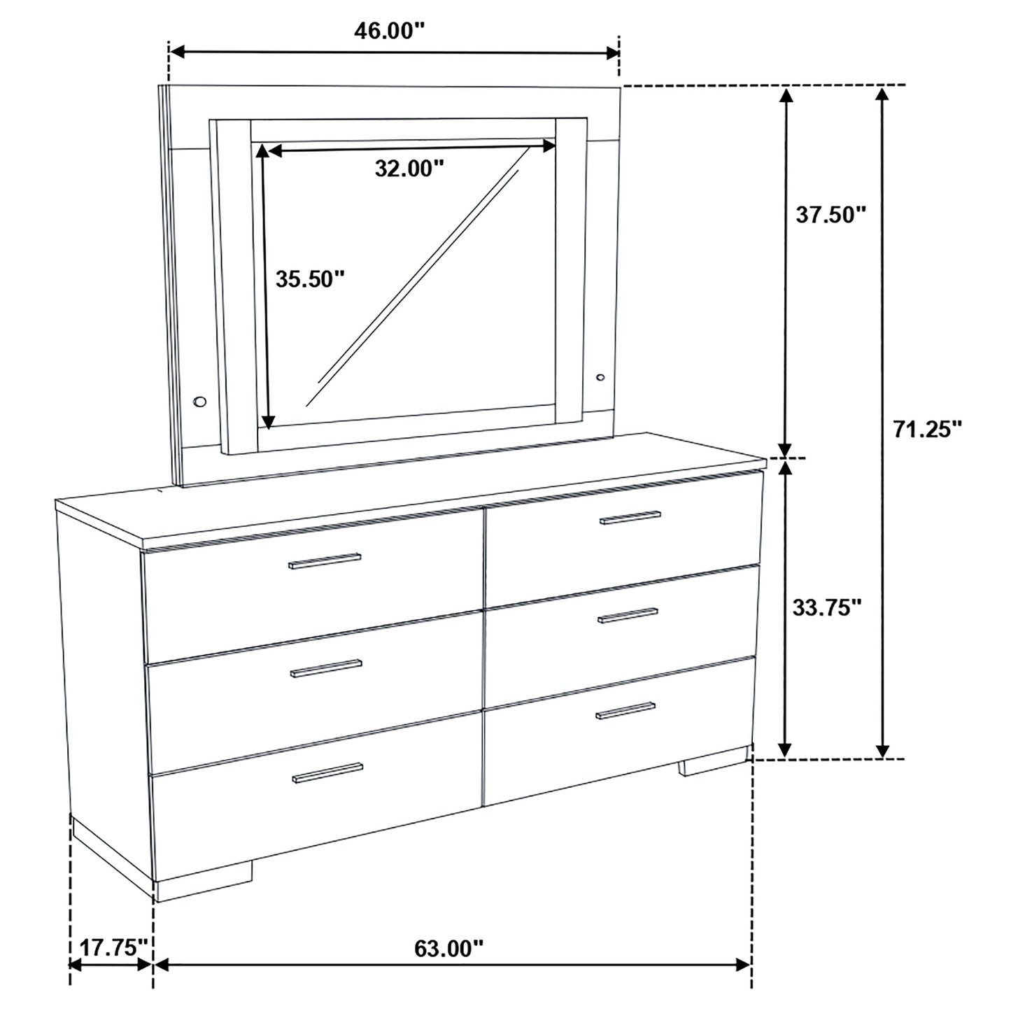 ruth 6-drawer dresser with led mirror white high gloss