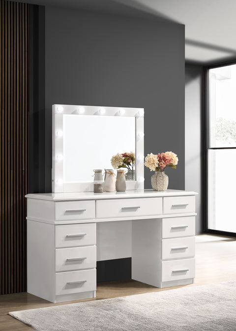 Mikayla 9-drawer Vanity Table Lighted Mirror Glossy WhiteWhite High Gloss