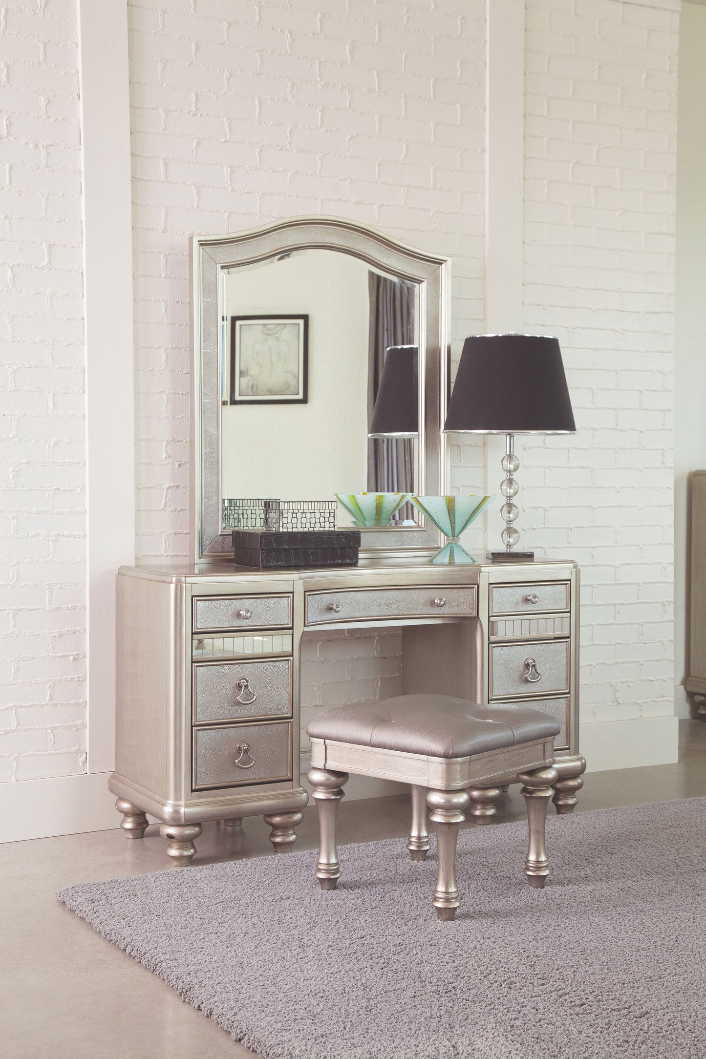 ranger game 9-drawer vanity set with stool metallic platinum