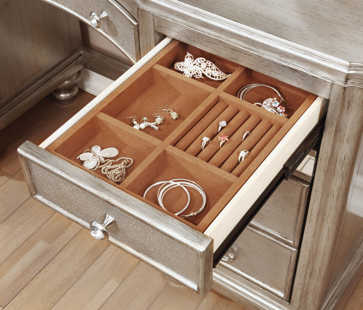 ranger game 9-drawer vanity set with stool metallic platinum