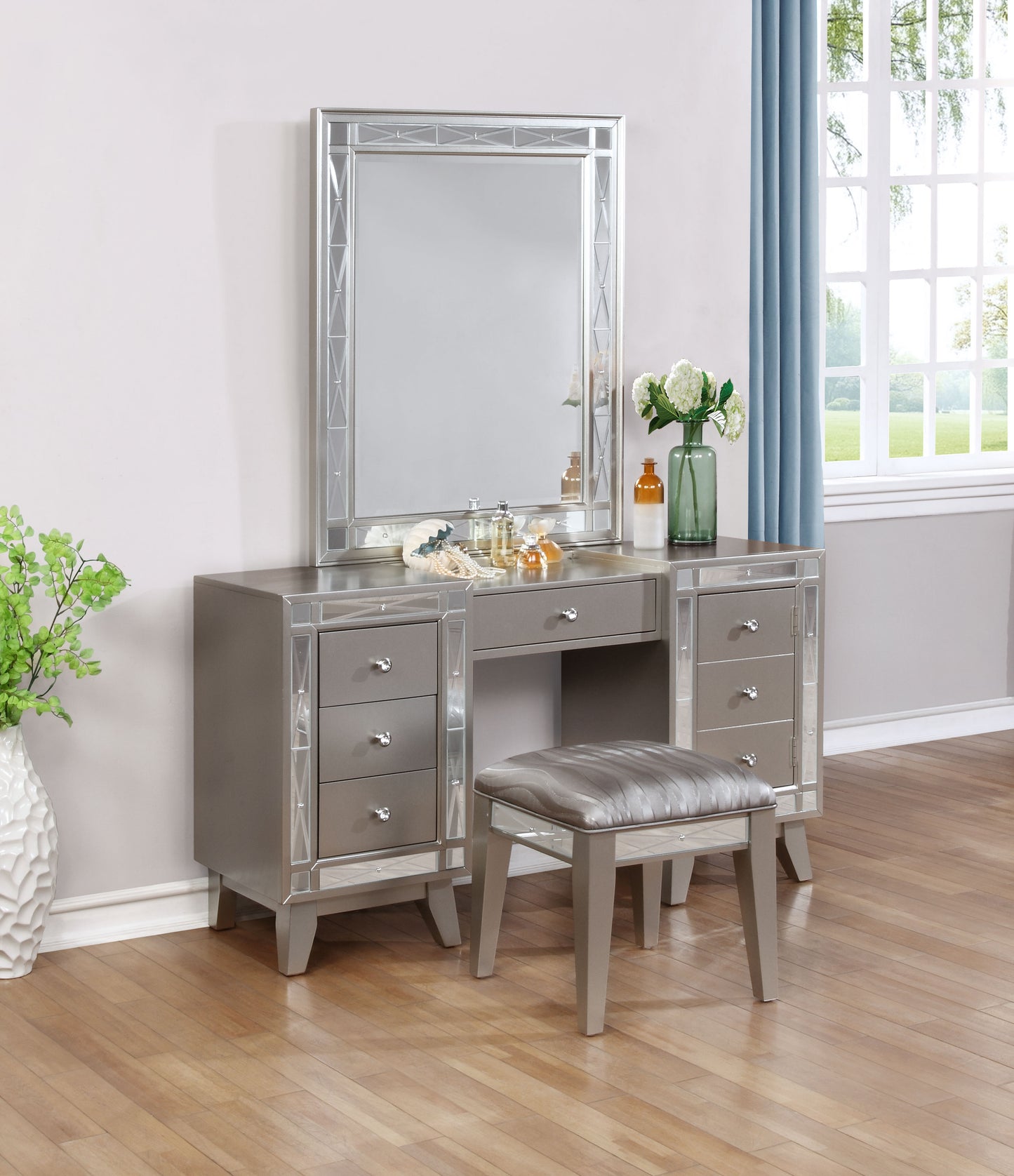 ellorie vanity table set with stool metallic mercury