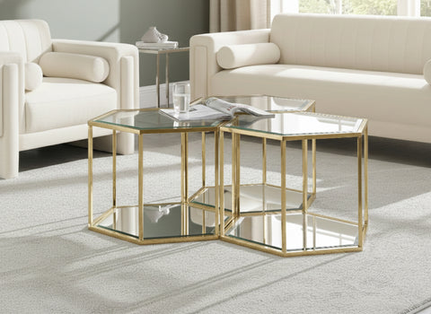 Rhea Gold Glass And Steel Coffee Table, 3-Piece