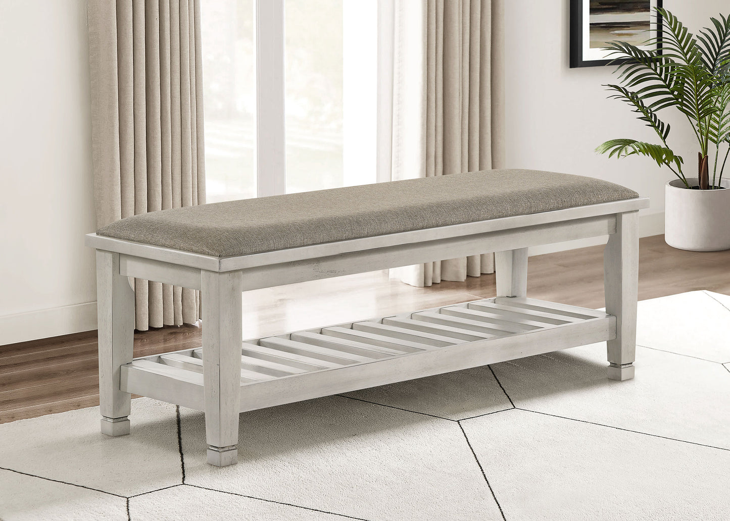 o'malley fabric upholstered bench with shelf distressed whitedistressed white
