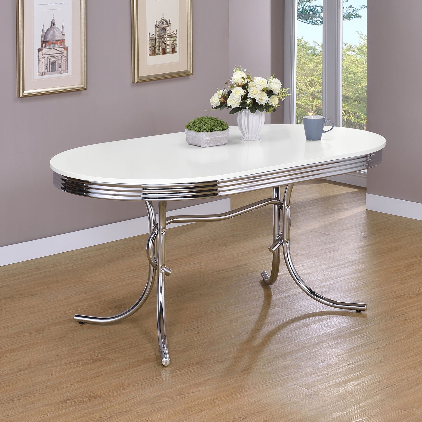 collins oval 60-inch wood top dining table white and chrome