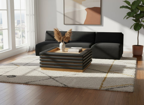 Kira Black Vegan Leather And Oak Veneer Coffee Table, 1 Piece