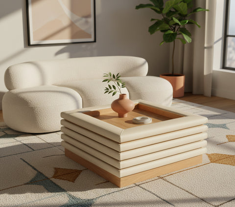 Kira Cream Vegan Leather And Oak Veneer Coffee Table, 1 Piece