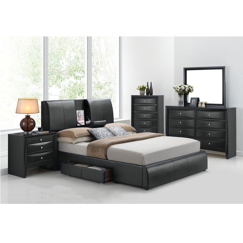 alisa queen bed w/storage, black synthetic leather