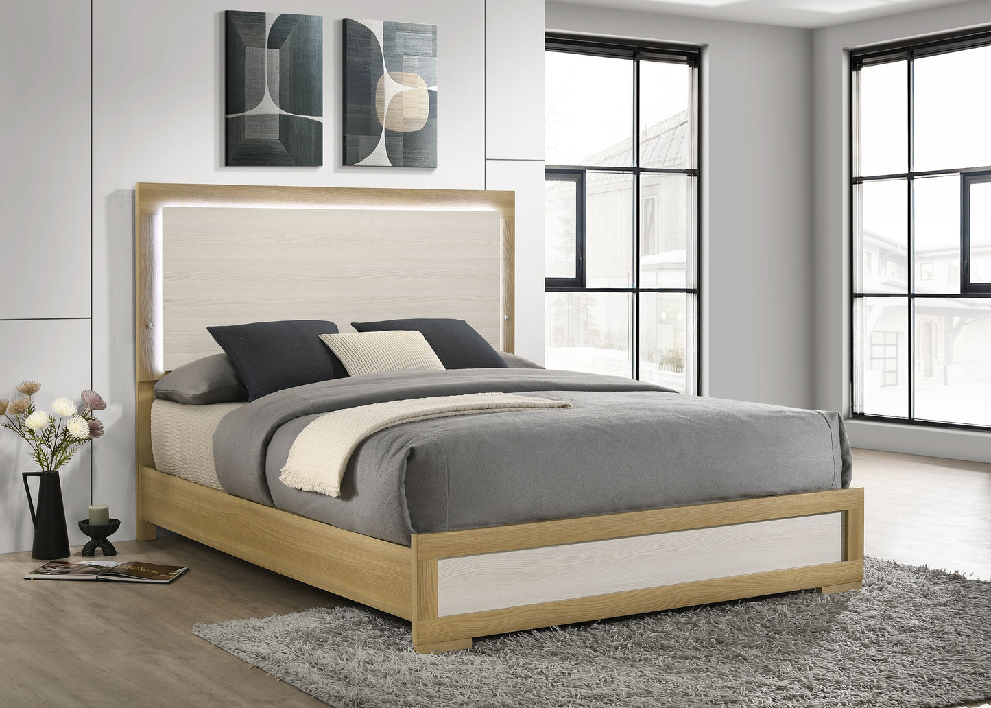 emmett wood queen led panel bed natural and white