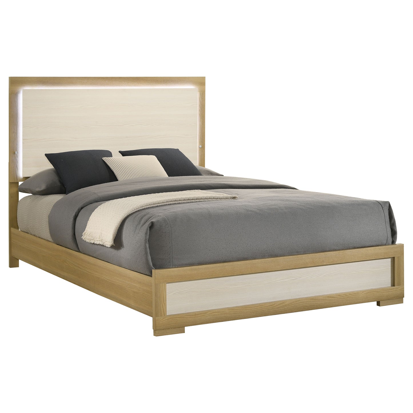 emmett wood queen led panel bed natural and white