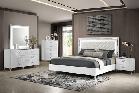 Dinard Queen LED Panel Bed White High Gloss