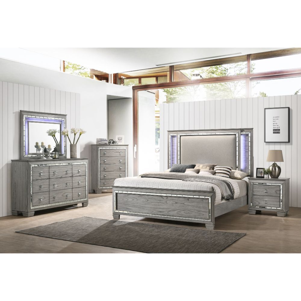 altair queen bed, fabric & light gray oak finish