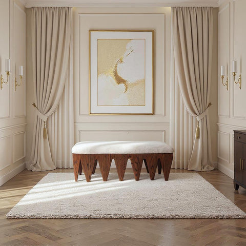 Veda Beige Velour Fur Fabric Upholstered Bench, 1 Piece (Style 4)