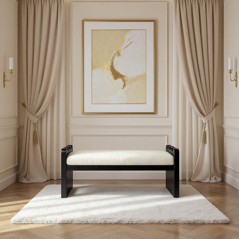 Kellan Cream Velour Fur Fabric Upholstered Bench, 1 Piece (Style 2)