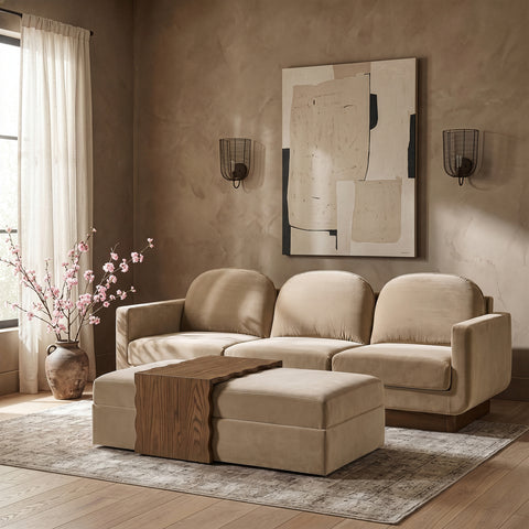 Sloane Beige Velvet Upholstered Coffee Table/Ottoman, 1 Piece
