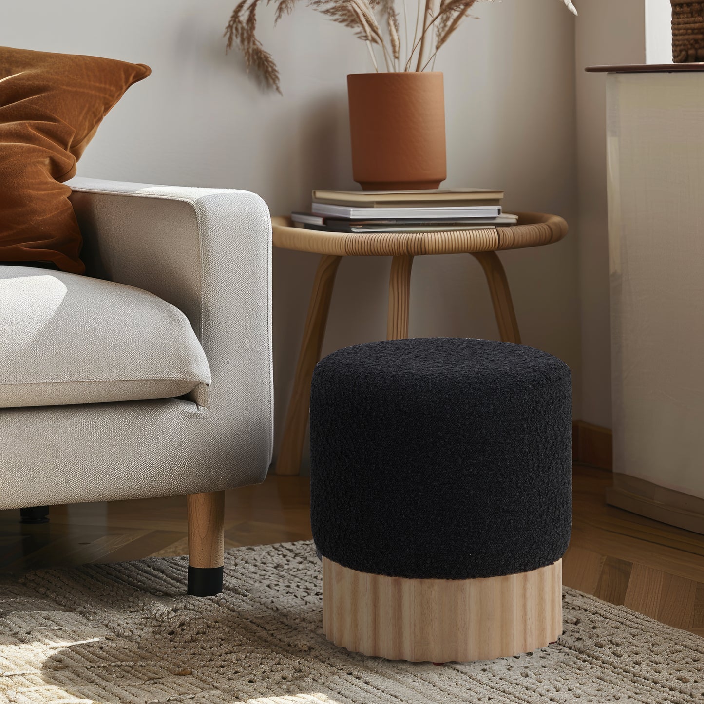 fiora black boucle fabric ottoman/stool