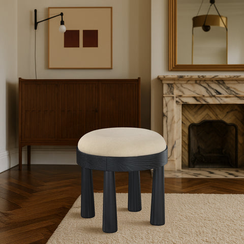 Rhea Beige Linen Textured Fabric Upholstered Ottoman, 1 Piece