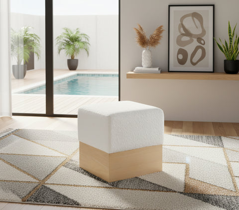 Faye Cream Velour Fur Fabric Upholstered Ottoman, 1 Piece