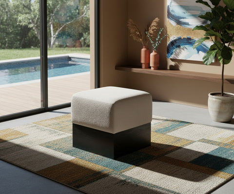 Faye Beige Velour Fur Fabric Upholstered Ottoman, 1 Piece