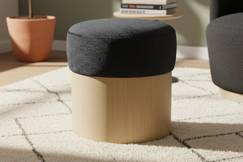 Celine Black Velour Fur Fabric Upholstered Ottoman, 1 Piece