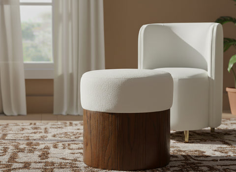 Celine Cream Velour Fur Fabric Upholstered Ottoman, 1 Piece (Style 3)