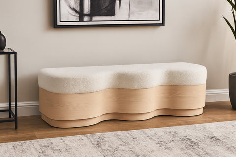 Dorian Cream Velour Fur Fabric Upholstered Bench, 1 Piece