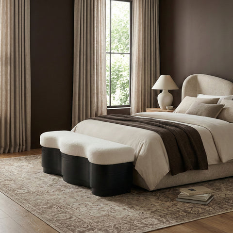 Dorian Cream Velour Fur Fabric Upholstered Bench, 1 Piece (Style 2)