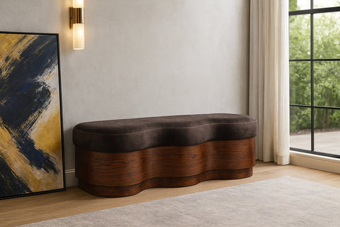 Dorian Brown Velour Fur Fabric Upholstered Bench, 1 Piece (Style 2)