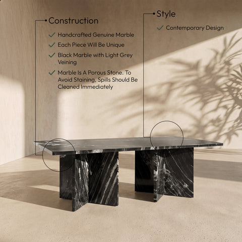 Juniper 48" Black Genuine Marble Coffee Table, 1 Piece