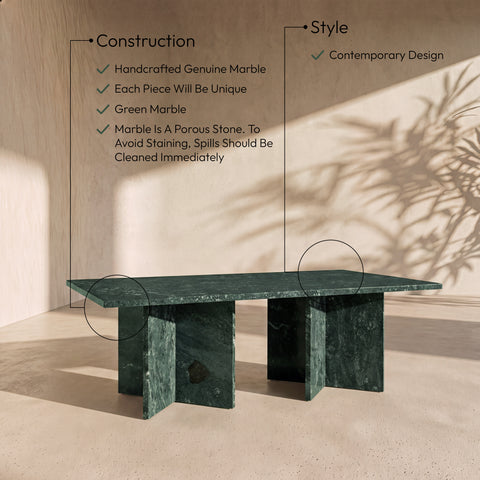Juniper 48" Green Genuine Marble Coffee Table, 1 Piece