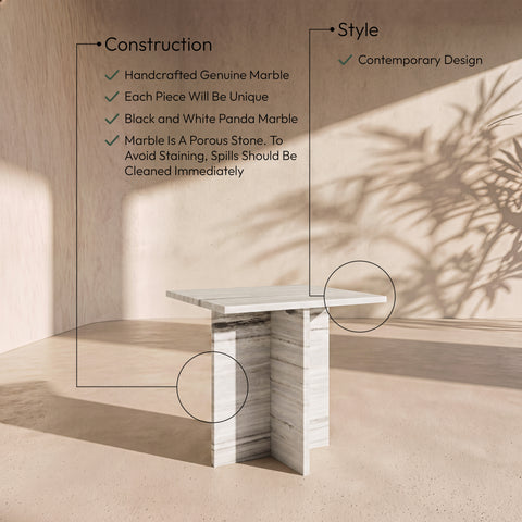 Juniper 18" Panda Genuine Marble End / Side Table, 1 Piece