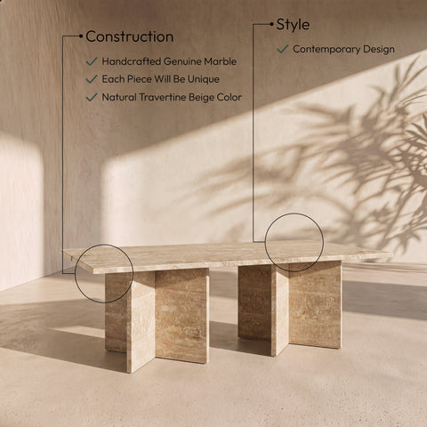 Juniper 48" Travertine Genuine Marble Coffee Table, 1 Piece
