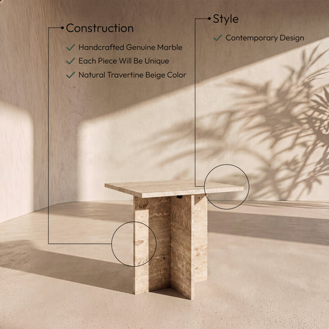 Juniper 18" Travertine Genuine Marble End / Side Table, 1 Piece