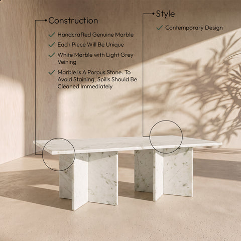 Juniper 48" White Genuine Marble Coffee Table, 1 Piece
