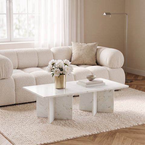 Juniper 48" White Genuine Marble Coffee Table, 1 Piece