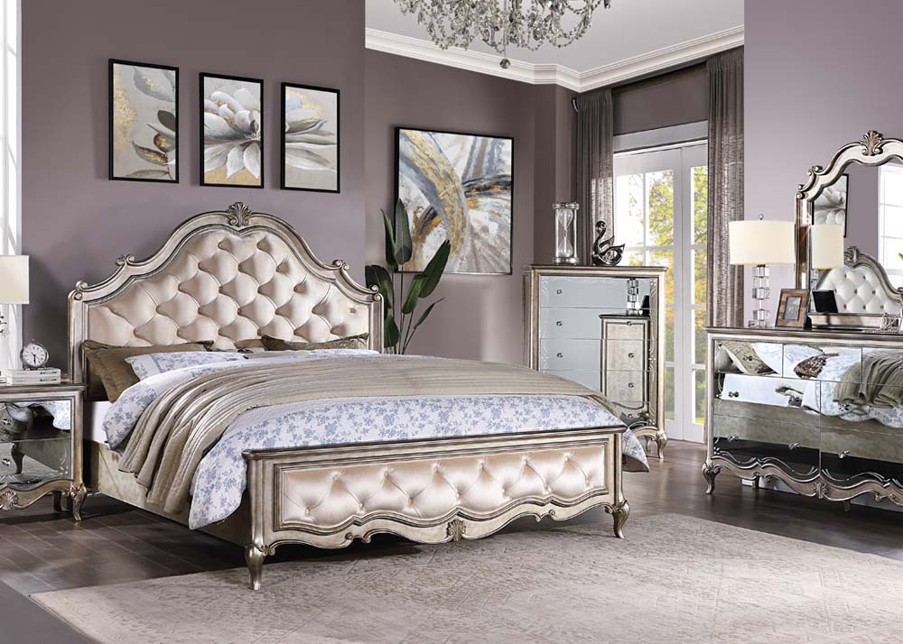 alysa ck bed, ivory velvet & antique champagne finish