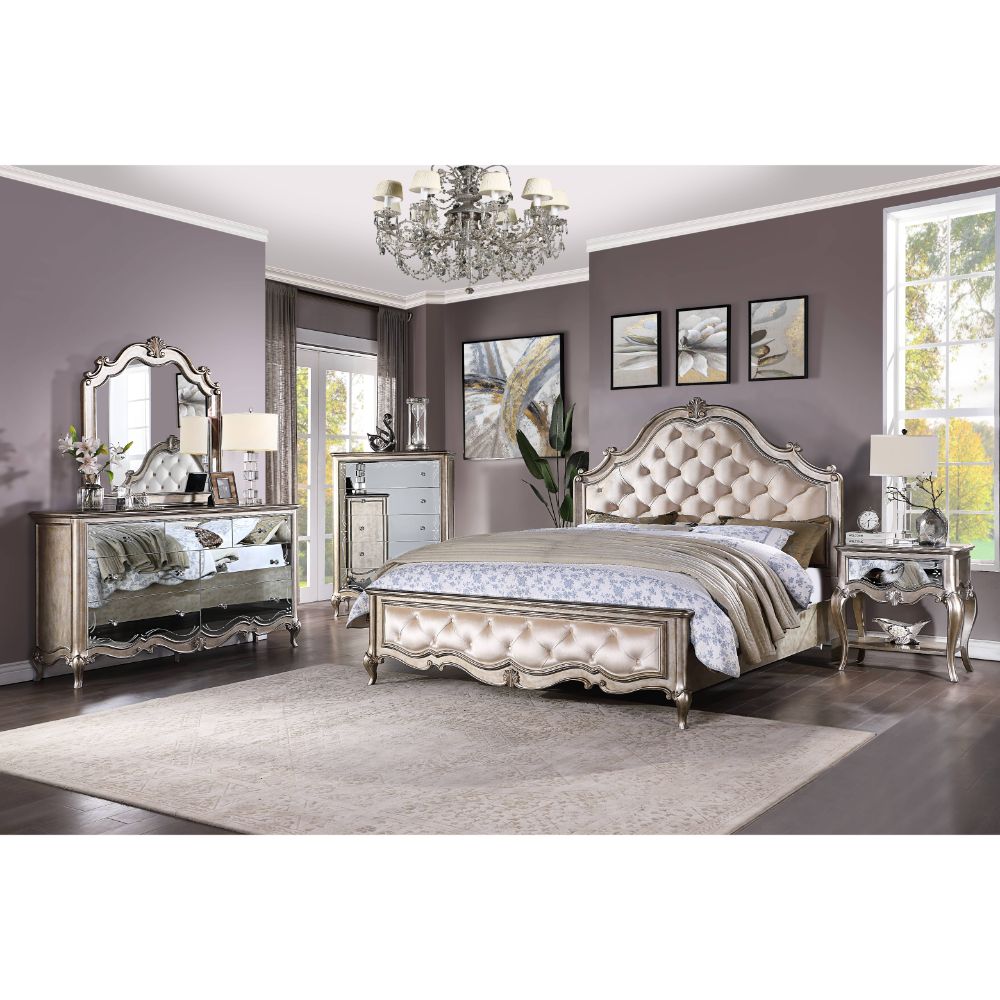 alysa queen bed, ivory velvet & antique champagne finish